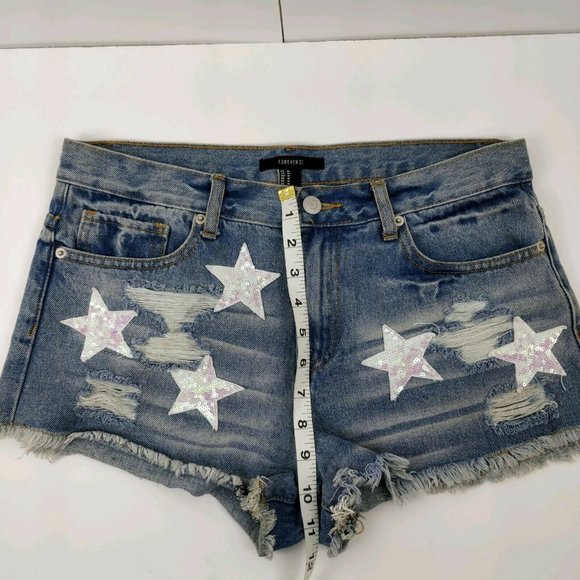Forever 21 Size M Raw Hem Ripped Sequin Stars Denim Boyfriend Shorts - Picture 7 of 8